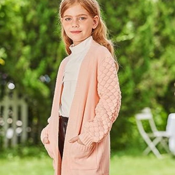 Girls Cardigan Long Open Front Pom Pom Knit Sweater with Pockets School Uniform - Picture 3 of 6